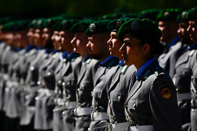 Soldiers stand lined up ahead a guard of honour ceremony ahead the arrival of the Indian defence minister at the Defence Ministry in Berlin, on April 22, 2026. (Photo by Tobias SCHWARZ / AFP)