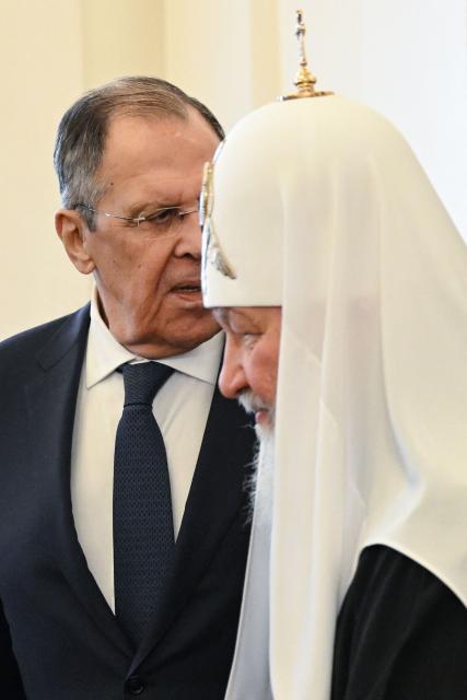 Russian Foreign Minister Sergei Lavrov and Russian Orthodox Patriarch Kirill attend an Orthodox Easter reception at Zinaida Morozova's Mansion in Moscow on April 22, 2026. (Photo by Igor IVANKO / POOL / AFP)