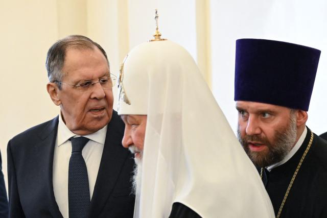 Russian Foreign Minister Sergei Lavrov and Russian Orthodox Patriarch Kirill attend an Orthodox Easter reception at Zinaida Morozova's Mansion in Moscow on April 22, 2026. (Photo by Igor IVANKO / POOL / AFP)