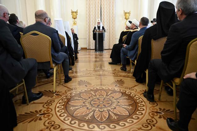 Russian Orthodox Patriarch Kirill gives a speech at an Orthodox Easter reception at Zinaida Morozova's Mansion in Moscow on April 22, 2026. (Photo by Igor IVANKO / POOL / AFP)