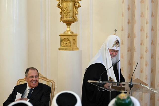 Russian Foreign Minister Sergei Lavrov and Russian Orthodox Patriarch Kirill attend an Orthodox Easter reception at Zinaida Morozova's Mansion in Moscow on April 22, 2026. (Photo by Igor IVANKO / POOL / AFP)