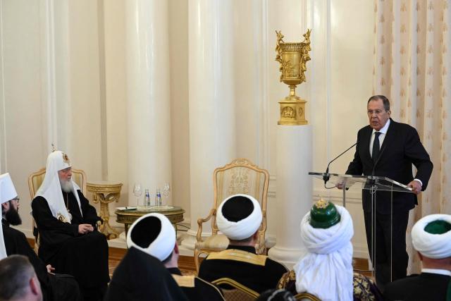Russian Foreign Minister Sergei Lavrov and Russian Orthodox Patriarch Kirill attend an Orthodox Easter reception at Zinaida Morozova's Mansion in Moscow on April 22, 2026. (Photo by Igor IVANKO / POOL / AFP)