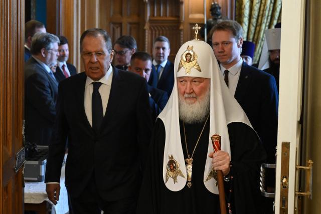 Russian Foreign Minister Sergei Lavrov and Russian Orthodox Patriarch Kirill attend an Orthodox Easter reception at Zinaida Morozova's Mansion in Moscow on April 22, 2026. (Photo by Igor IVANKO / POOL / AFP)