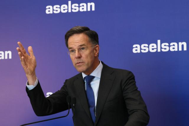 NATO Secretary General Mark Rutte delivers a speech at Aselsan Defence company as part of his official visit to Turkey, in Ankara on April 22,2026. NATO chief Mark Rutte said the alliance would do "what's necessary to defend" its members including Turkey after intercepting four missiles fired from Iran and head into Turkish air space over the past weeks. (Photo by ADEM ALTAN / AFP)