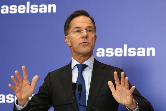 NATO Secretary General Mark Rutte delivers a speech at Aselsan Defence company as part of his official visit to Turkey, in Ankara on April 22,2026. NATO chief Mark Rutte said the alliance would do "what's necessary to defend" its members including Turkey after intercepting four missiles fired from Iran and head into Turkish air space over the past weeks. (Photo by ADEM ALTAN / AFP)
