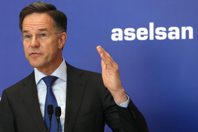 NATO Secretary General Mark Rutte delivers a speech at Aselsan Defence company as part of his official visit to Turkey, in Ankara on April 22,2026. NATO chief Mark Rutte said the alliance would do "what's necessary to defend" its members including Turkey after intercepting four missiles fired from Iran and head into Turkish air space over the past weeks. (Photo by ADEM ALTAN / AFP)