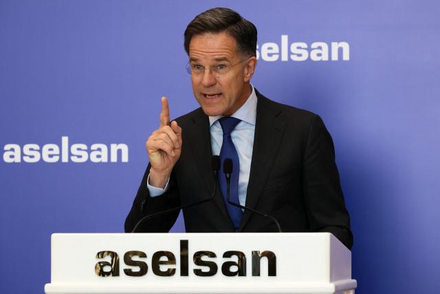 NATO Secretary General Mark Rutte delivers a speech at Aselsan Defence company as part of his official visit to Turkey, in Ankara on April 22,2026. NATO chief Mark Rutte said the alliance would do "what's necessary to defend" its members including Turkey after intercepting four missiles fired from Iran and head into Turkish air space over the past weeks. (Photo by ADEM ALTAN / AFP)