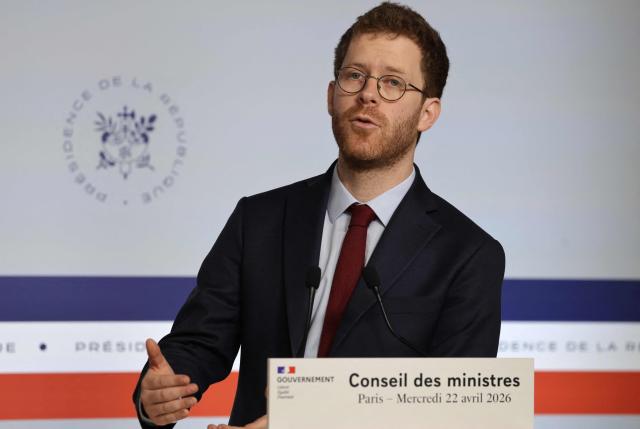 France’s junior Minister for Public Accounts David Amiel speaks during a press conference following the weekly cabinet meeting at the Elysee Presidential Palace in Paris on April 22, 2026. The weekly cabinet meeting was held in the central France city of Montluзon on April 22, 2026. (Photo by Ludovic MARIN / AFP)
