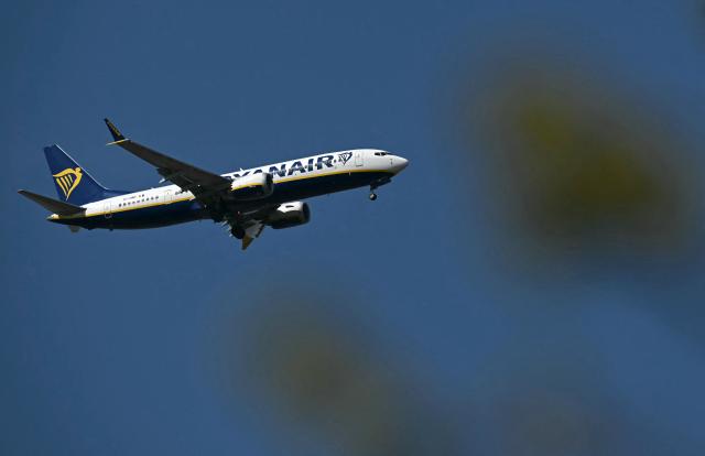 A Boeing 737 MAX 8-200 passenger aircraft operated by Ryanair prepares to land at Liverpool John Lennon Airport in Liverpool, north west England on April 22, 2026. The EU unveiled on April 22 plans to address the energy crisis triggered by the war in the Middle East, including improved monitoring of jet fuel supplies as the prospect of shortages rattles Europe ahead of the summer travel season. (Photo by Paul ELLIS / AFP)