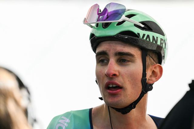Decathlon CMA CGM Team's French Paul Seixas celebrates after winning 'La Fleche Wallonne' one day cycling race, 200 km from Herstal to Huy, on April 22, 2026. (Photo by JOHN THYS / AFP)