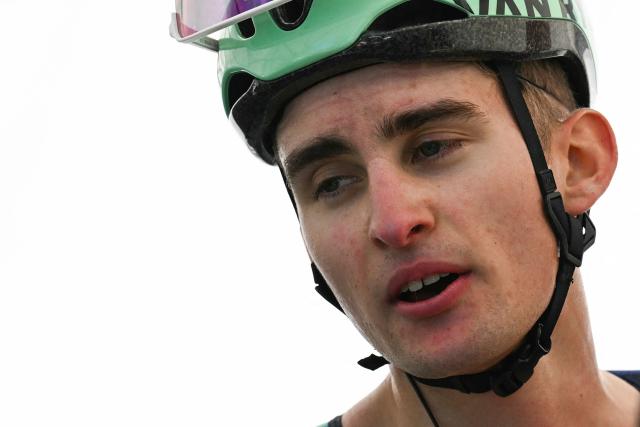 Decathlon CMA CGM Team's French Paul Seixas celebrates after winning 'La Fleche Wallonne' one day cycling race, 200 km from Herstal to Huy, on April 22, 2026. (Photo by JOHN THYS / AFP)