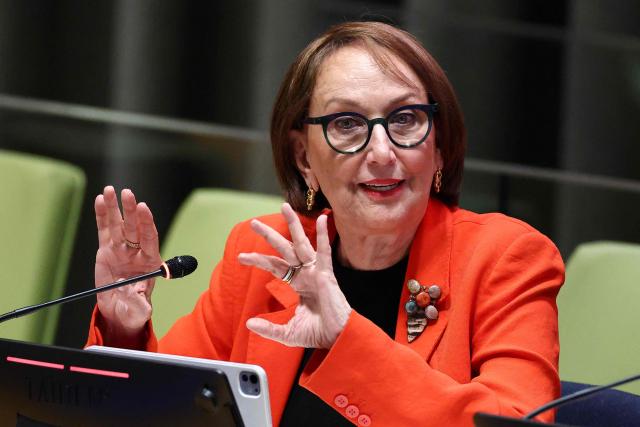 Costa Rican economist and former Second Vice President Rebeca Grynspan speaks during a hearing to be considered as the next Secretary-General of the United Nations at the UN Headquarters in New York, on April 22, 2026. Grynspan is among four candidates vying for the position currently held by Portugal's Antonio Guterres. (Photo by CHARLY TRIBALLEAU / AFP)