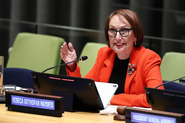 Costa Rican economist and former Second Vice President Rebeca Grynspan speaks during a hearing to be considered as the next Secretary-General of the United Nations at the UN Headquarters in New York, on April 22, 2026. Grynspan is among four candidates vying for the position currently held by Portugal's Antonio Guterres. (Photo by CHARLY TRIBALLEAU / AFP)