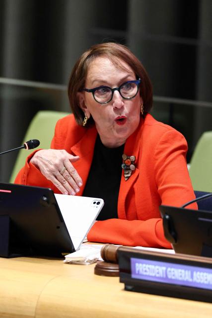 Costa Rican economist and former Second Vice President Rebeca Grynspan speaks during a hearing to be considered as the next Secretary-General of the United Nations at the UN Headquarters in New York, on April 22, 2026. Grynspan is among four candidates vying for the position currently held by Portugal's Antonio Guterres. (Photo by CHARLY TRIBALLEAU / AFP)