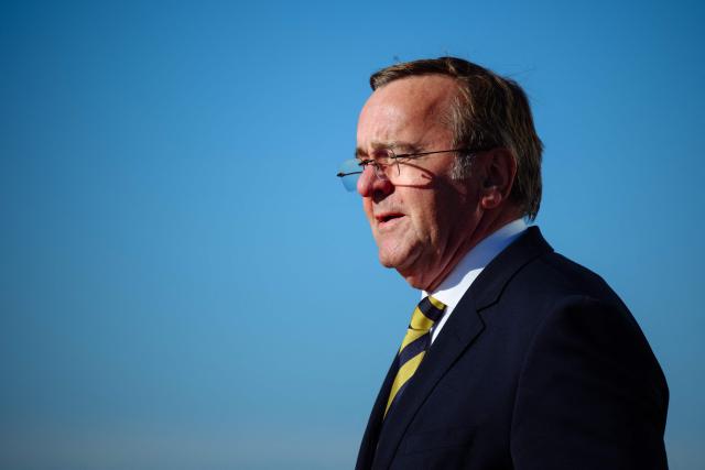 German Defence Minister Boris Pistorius visits the TKMS (ThyssenKrupp Marine Systems) submarine shipyard with his Indian counterpart in Kiel, northern Germany on April 22, 2026. (Photo by Gregor Fischer / AFP)
