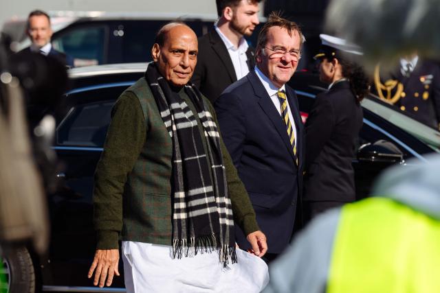 German Defence Minister Boris Pistorius (R) and Indian Defence Minister Rajnath Singh visit the TKMS (ThyssenKrupp Marine Systems) submarine shipyard, in Kiel, northern Germany on April 22, 2026. (Photo by Gregor Fischer / AFP)
