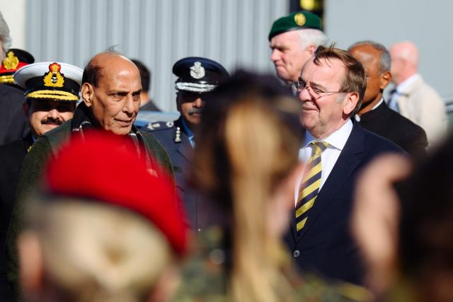German Defence Minister Boris Pistorius (R) and Indian Defence Minister Rajnath Singh visit the TKMS (ThyssenKrupp Marine Systems) submarine shipyard, in Kiel, northern Germany on April 22, 2026. (Photo by Gregor Fischer / AFP)