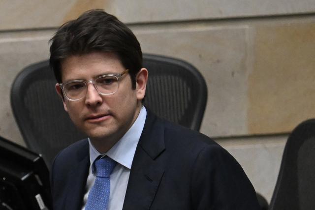(FILES) Colombian Senator and presidential pre-candidate Miguel Uribe looks on after the Senate voted against the government labor reform referendum promoted by Colombia's President Gustavo Petro in Bogota on May 14, 2025. The man accused of murdering Colombian presidential pre-candidate Miguel Uribe was arrested in Argentina on April 22, 2026. (Photo by Raul ARBOLEDA / AFP)