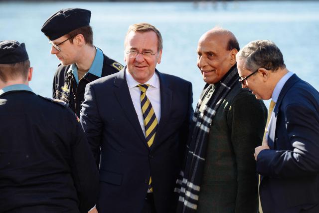 German Defence Minister Boris Pistorius (C) and Indian Defence Minister Rajnath Singh (2nd R) visit the TKMS (ThyssenKrupp Marine Systems) submarine shipyard, in Kiel, northern Germany on April 22, 2026. (Photo by Gregor Fischer / AFP)