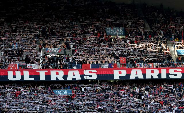 A banner of Ultras Paris group of Paris Saint-Germain's supporters is displayed during the French L1 football match between Paris Saint-Germain (PSG) and FC Nantes at the Parc des Princes stadium in Paris on April 22, 2026. (Photo by FRANCK FIFE / AFP)