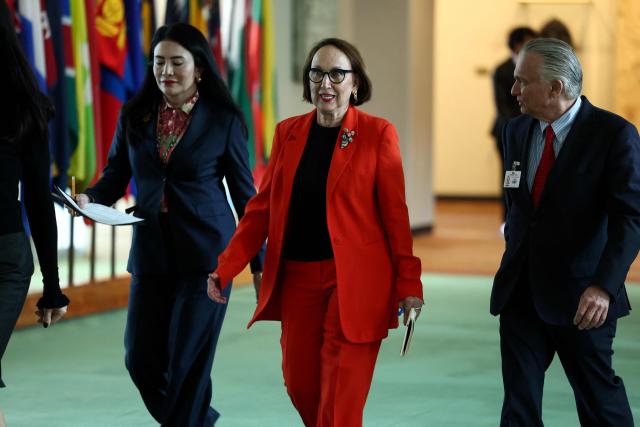 Costa Rican economist and former Second Vice President Rebeca Grynspan arrives to speak to the press following her hearing to be considered as the next Secretary-General of the United Nations at UN Headquarters in New York on April 22, 2026. Grynspan is among four candidates vying for the position currently held by Portugal's Antonio Guterres. (Photo by CHARLY TRIBALLEAU / AFP)