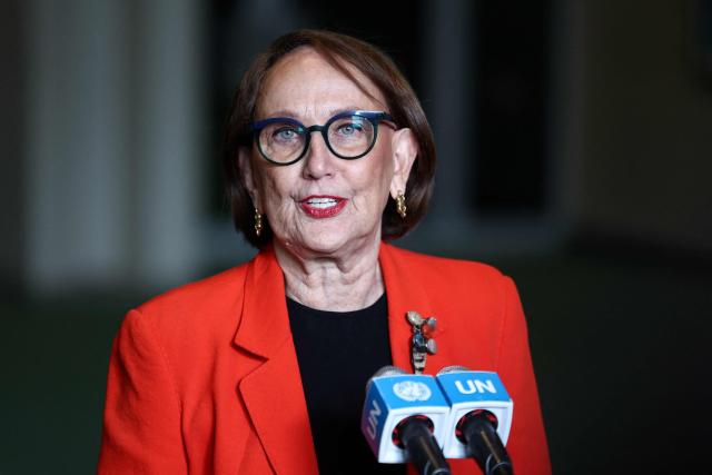 Costa Rican economist and former Second Vice President Rebeca Grynspan speaks to the press following her hearing to be considered as the next Secretary-General of the United Nations at UN Headquarters in New York on April 22, 2026. Grynspan is among four candidates vying for the position currently held by Portugal's Antonio Guterres. (Photo by CHARLY TRIBALLEAU / AFP)