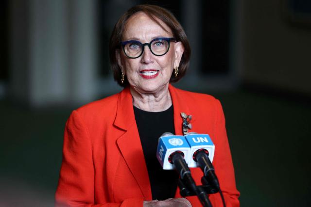 Costa Rican economist and former Second Vice President Rebeca Grynspan speaks to the press following her hearing to be considered as the next Secretary-General of the United Nations at UN Headquarters in New York on April 22, 2026. Grynspan is among four candidates vying for the position currently held by Portugal's Antonio Guterres. (Photo by CHARLY TRIBALLEAU / AFP)