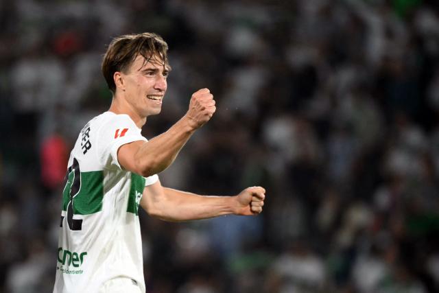 Elche's Austrian defender #22 David Affengruber celebrates his team's victory at the end of the Spanish league football match between Elche CF and Club Atletico Madrid at Martinez Valero Stadium in Elche on April 22, 2026. (Photo by JOSE JORDAN / AFP)