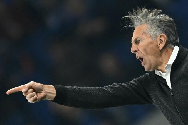 Nice's French head coach Claude Puel reacts in the techinal area during the French Cup semi-final football match between RC Strasbourg Alsace and OGC Nice at the Stade de la Meinau in Strasbourg, eastern France, on April 22, 2026. (Photo by SEBASTIEN BOZON / AFP)