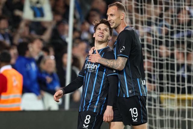 Club's Christos Tzolis celebrates after he scored his team's sixth goal during the Belgian "Pro League" First Division football match between Club Brugge KV and KV Mechelen at the Jan Breydel Stadium in Bruges on April 22, 2026. (Photo by BRUNO FAHY / BELGA / AFP) / Belgium OUT