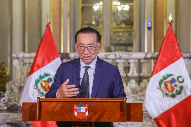This handout picture released by the Peruvian Presidency shows Peru's interim President Jose Maria Balcazar speaking during a message to the nation in Lima on April 22, 2026. Peru's foreign and defense ministers resigned on April 22, 2026, in protest over the interim president's decision to stall a $3.5 billion deal for the purchase of 24 US F-16 fighter jets. (Photo by Handout / PRESIDENCIA DEL PERU / AFP)