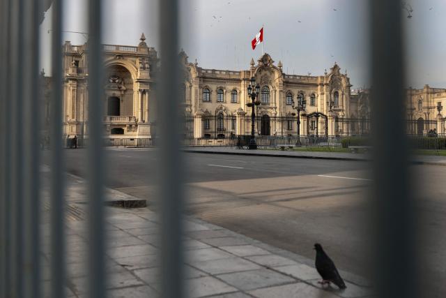 View of the Government Palace in Lima, taken on April 22, 2026. Peru's foreign and defense ministers resigned on April 22 in protest over the interim president's decision to stall a $3.5 billion deal for the purchase of 24 US F-16 fighter jets. (Photo by Connie FRANCE / AFP)