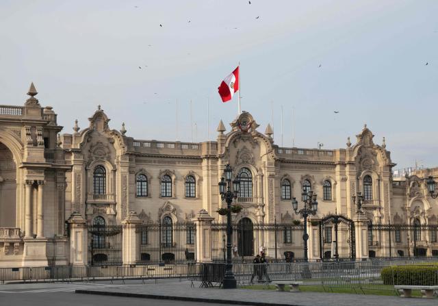 View of the Government Palace in Lima, taken on April 22, 2026. Peru's foreign and defense ministers resigned on April 22 in protest over the interim president's decision to stall a $3.5 billion deal for the purchase of 24 US F-16 fighter jets. (Photo by Connie FRANCE / AFP)