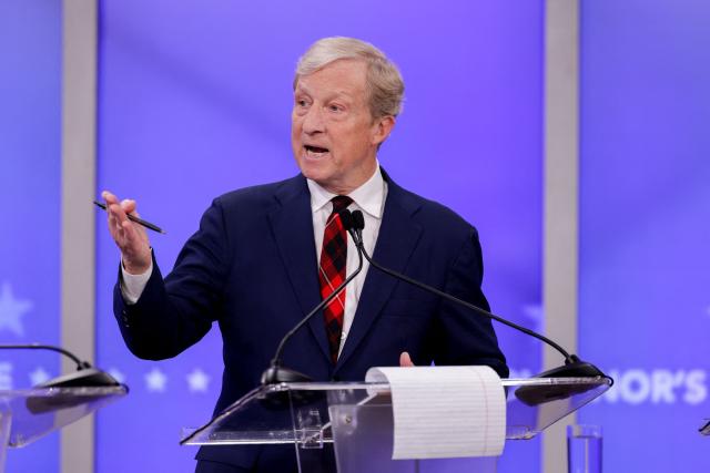 Democratic candidate Tom Steyer participates in a California gubernatorial debate at the studios of KRON4 in San Francisco, on April 22, 2026. The six leading candidates for California governor are participating in the first major televised debate, ahead of the June 2 primary elections. (Photo by Jason Henry / POOL / AFP)