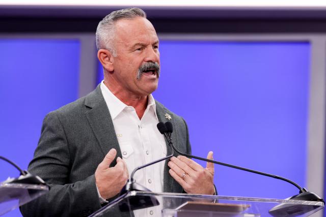 Republican candidate Chad Bianco participates in a California gubernatorial debate at the studios of KRON4 in San Francisco, on April 22, 2026. The six leading candidates for California governor are participating in the first major televised debate, ahead of the June 2 primary elections. (Photo by Jason Henry / POOL / AFP)