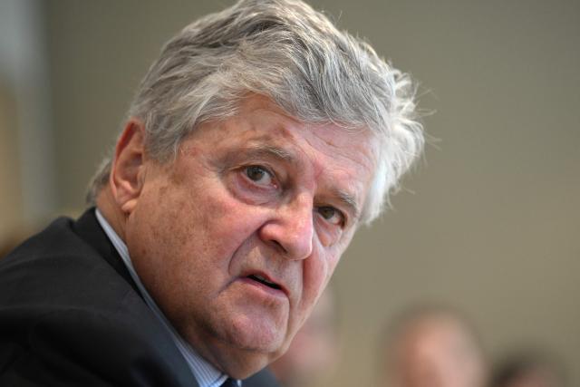 France’s Trade Minister Nicolas Forissier speaks at a press conference in Sydney on April 23, 2026, marking the final day of his five-day official visit to Australia. (Photo by Saeed KHAN / AFP)