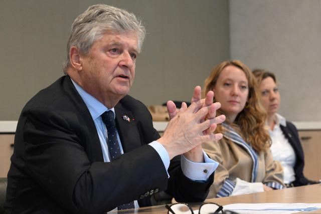 France’s Trade Minister Nicolas Forissier speaks at a press conference in Sydney on April 23, 2026, marking the final day of his five-day official visit to Australia. (Photo by Saeed KHAN / AFP)