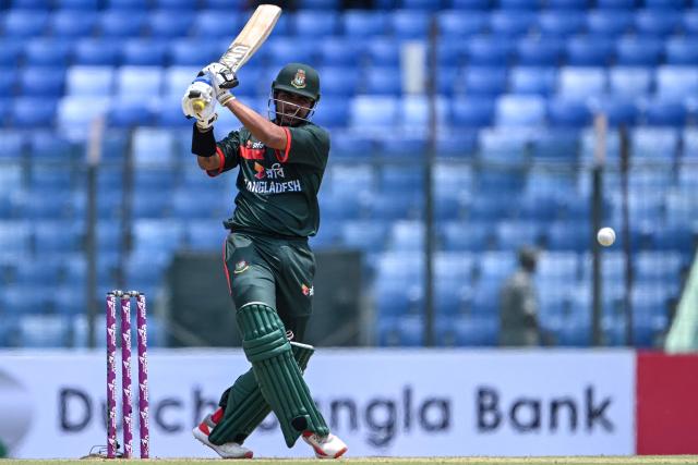 Bangladesh's Soumya Sarkar plays a shot during the third one-day international (ODI) cricket match between Bangladesh and New Zealand at the Bir Sreshtho Flight Lieutenant Matiur Rahman Stadium in Chittagong on April 23, 2026. (Photo by MUNIR UZ ZAMAN / AFP)