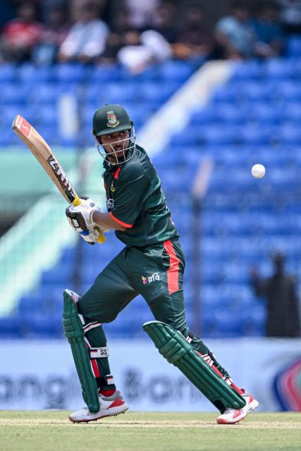 Bangladesh's Soumya Sarkar plays a shot during the third one-day international (ODI) cricket match between Bangladesh and New Zealand at the Bir Sreshtho Flight Lieutenant Matiur Rahman Stadium in Chittagong on April 23, 2026. (Photo by MUNIR UZ ZAMAN / AFP)