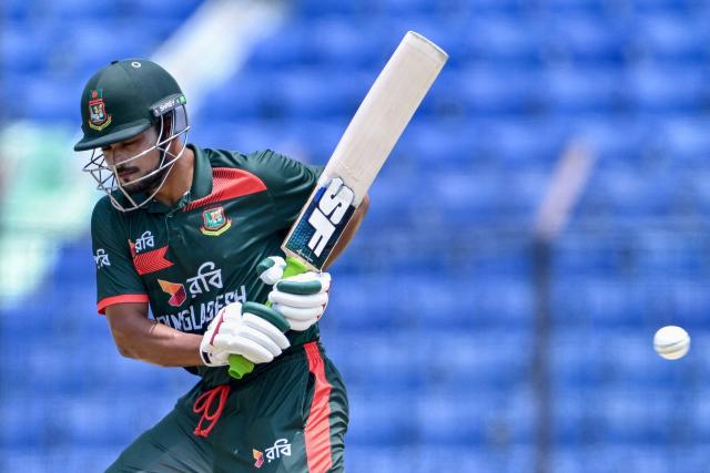 Bangladesh's Najmul Hossain Shanto leaves the ball during the third one-day international (ODI) cricket match between Bangladesh and New Zealand at the Bir Sreshtho Flight Lieutenant Matiur Rahman Stadium in Chittagong on April 23, 2026. (Photo by MUNIR UZ ZAMAN / AFP)