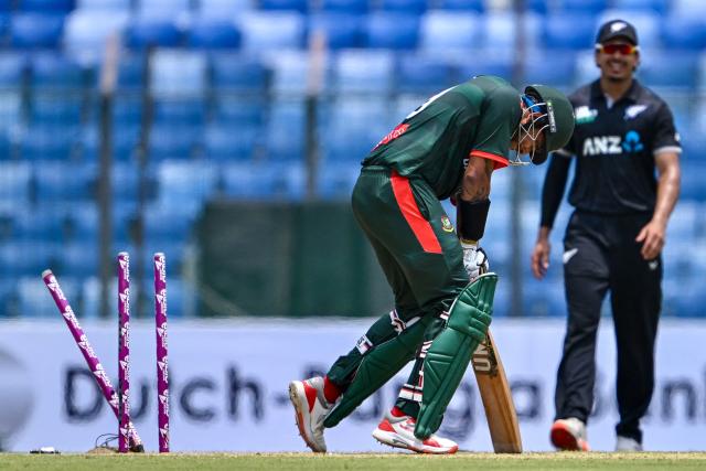 Bangladesh's Soumya Sarkar reacts after his dismissal by New Zealand's Will O’Rourke during the third one-day international (ODI) cricket match between Bangladesh and New Zealand at the Bir Sreshtho Flight Lieutenant Matiur Rahman Stadium in Chittagong on April 23, 2026. (Photo by MUNIR UZ ZAMAN / AFP)