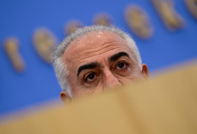 The son of Iran's last shah, exiled Crown Prince Reza Pahlavi, holds a press conference at the BPK (Bundespressekonferenz) building in Berlin, on April 23, 2026. (Photo by John MACDOUGALL / AFP)