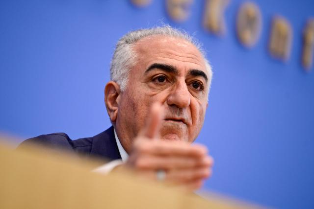 The son of Iran's last shah, exiled Crown Prince Reza Pahlavi, holds a press conference at the BPK (Bundespressekonferenz) building in Berlin, on April 23, 2026. (Photo by John MACDOUGALL / AFP)