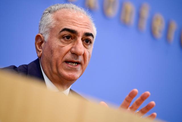 The son of Iran's last shah, exiled Crown Prince Reza Pahlavi, holds a press conference at the BPK (Bundespressekonferenz) building in Berlin, on April 23, 2026. (Photo by John MACDOUGALL / AFP)