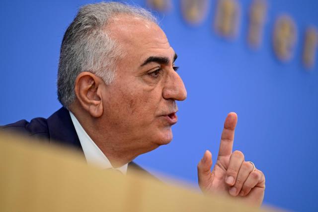 The son of Iran's last shah, exiled Crown Prince Reza Pahlavi, holds a press conference at the BPK (Bundespressekonferenz) building in Berlin, on April 23, 2026. (Photo by John MACDOUGALL / AFP)