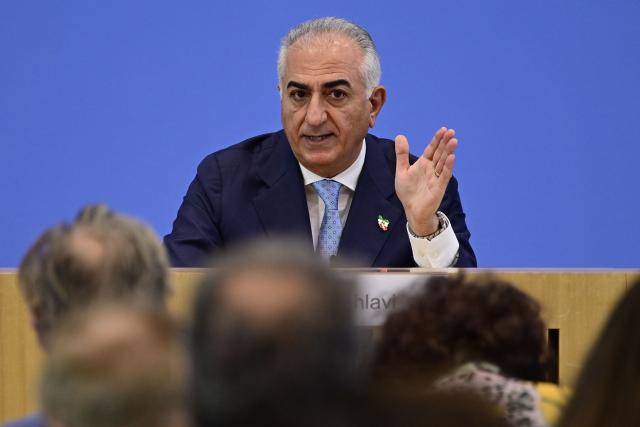 The son of Iran's last shah, exiled Crown Prince Reza Pahlavi, holds a press conference at the BPK (Bundespressekonferenz) building in Berlin, on April 23, 2026. (Photo by John MACDOUGALL / AFP)