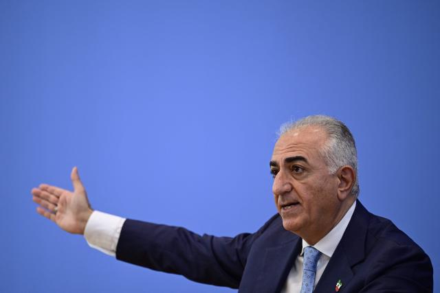 The son of Iran's last shah, exiled Crown Prince Reza Pahlavi, holds a press conference at the BPK (Bundespressekonferenz) building in Berlin, on April 23, 2026. (Photo by John MACDOUGALL / AFP)