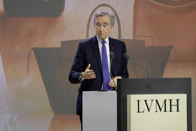 LVMH chairman and CEO Bernard Arnault addresses the annual general meeting of the world's leading luxury group LVMH at the Carrousel du Louvre in Paris on April 23, 2026. (Photo by Ludovic MARIN / AFP)