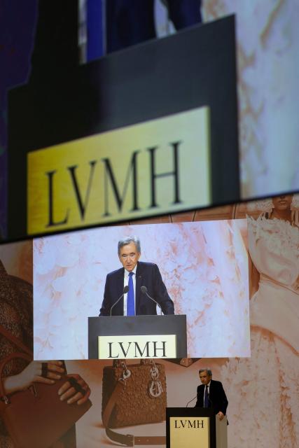 LVMH chairman and CEO Bernard Arnault addresses the annual general meeting of the world's leading luxury group LVMH at the Carrousel du Louvre in Paris on April 23, 2026. (Photo by Ludovic MARIN / AFP)