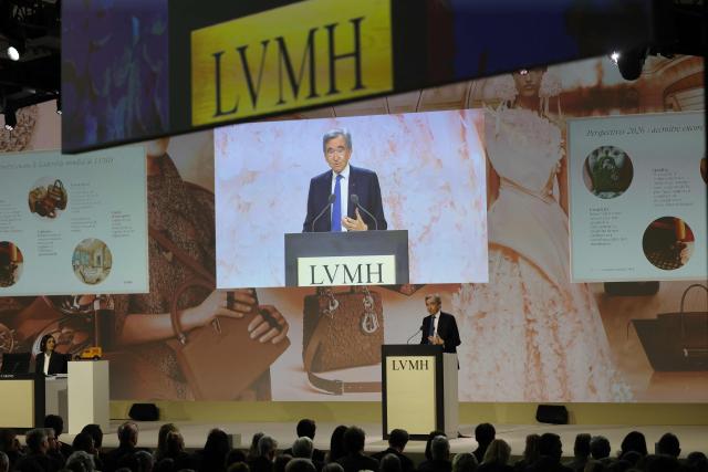 LVMH chairman and CEO Bernard Arnault addresses the annual general meeting of the world's leading luxury group LVMH at the Carrousel du Louvre in Paris on April 23, 2026. (Photo by Ludovic MARIN / AFP)